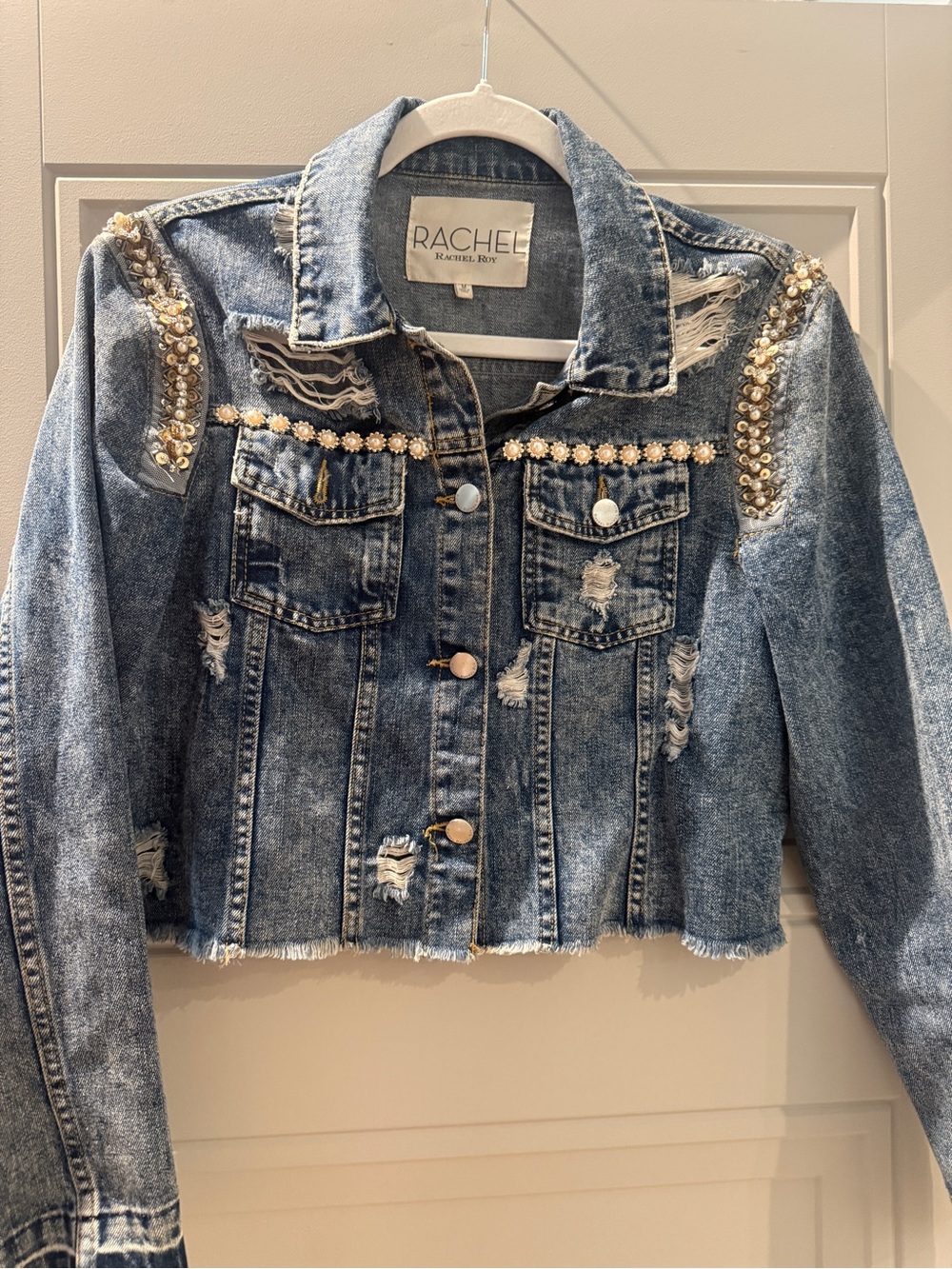 RACHEL Rachel Roy Blue Distressed Denim Jacket with Pearl & Sequin Trim